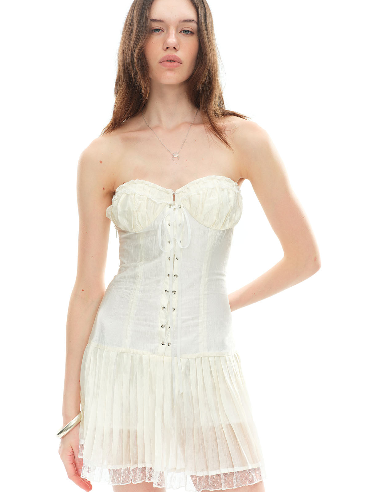 Dotyears White Acetate Lace Panel Tie Strapless Dress