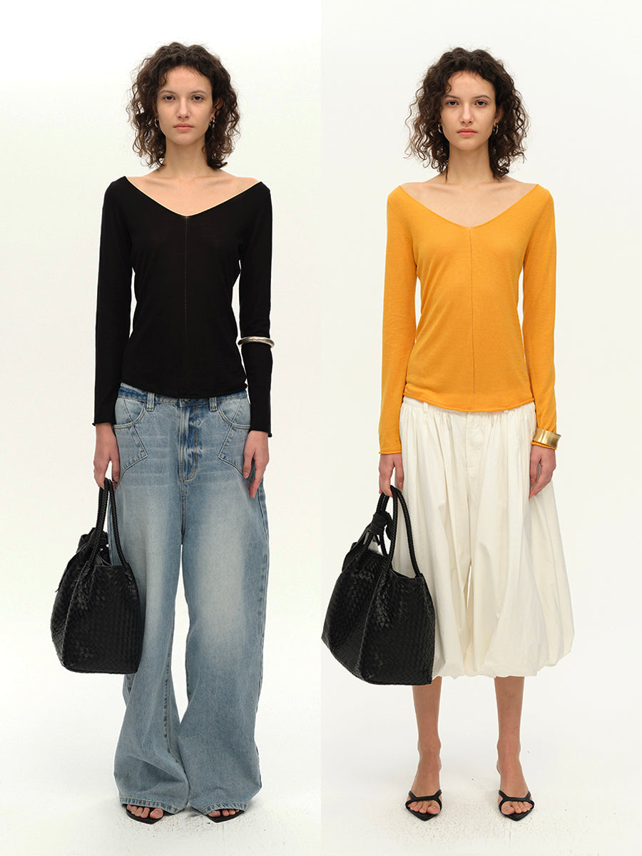 Hughum V-neck Tencel knit cut-out yellow black long sleeves
