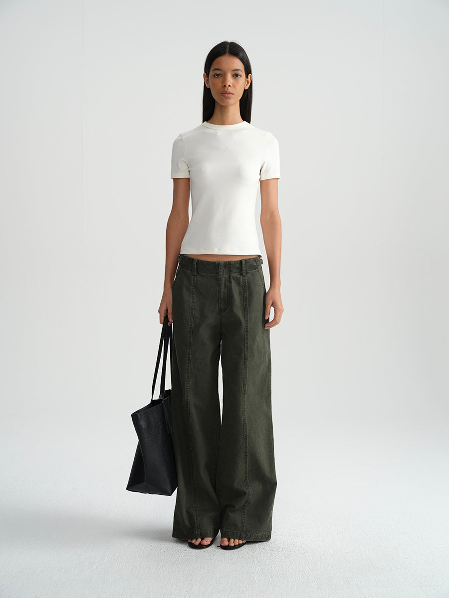 Hughum Army green cotton washed cargo casual low-rise straight trousers