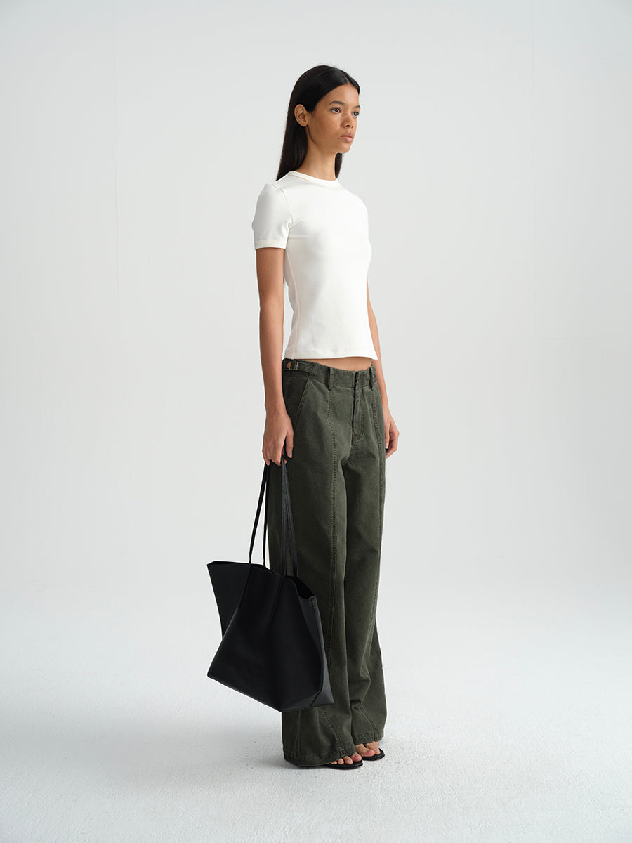 Hughum Army green cotton washed cargo casual low-rise straight trousers