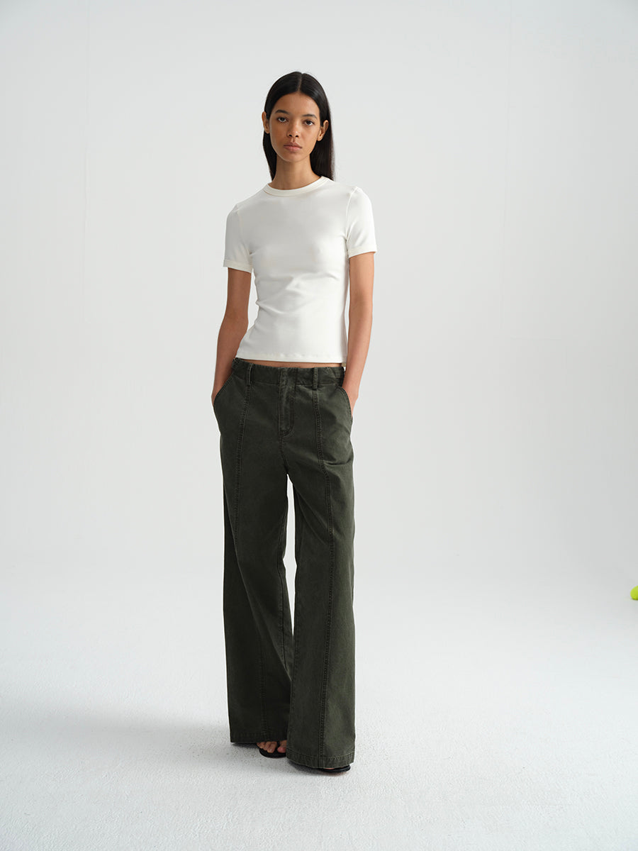 Hughum Army green cotton washed cargo casual low-rise straight trousers