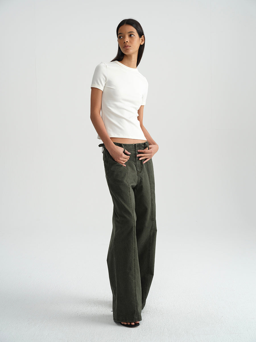 Hughum Army green cotton washed cargo casual low-rise straight trousers