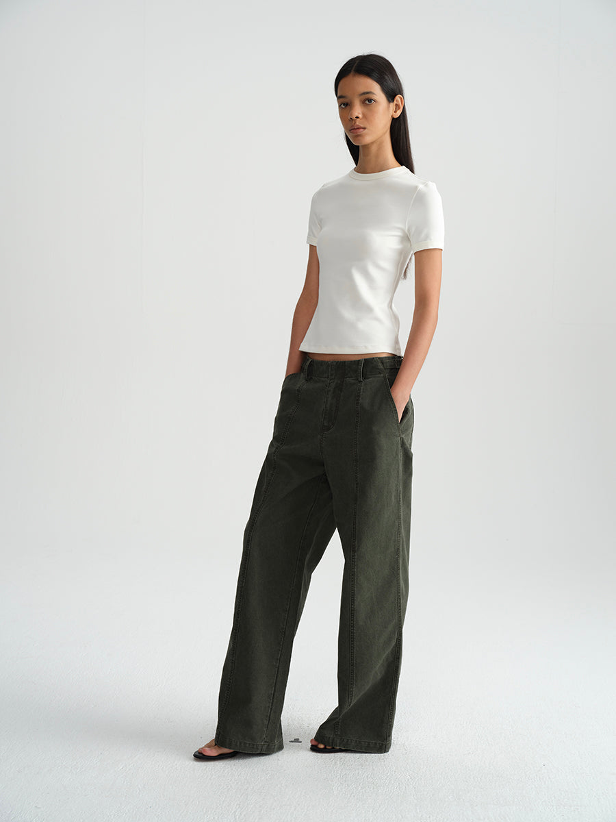 Hughum Army green cotton washed cargo casual low-rise straight trousers