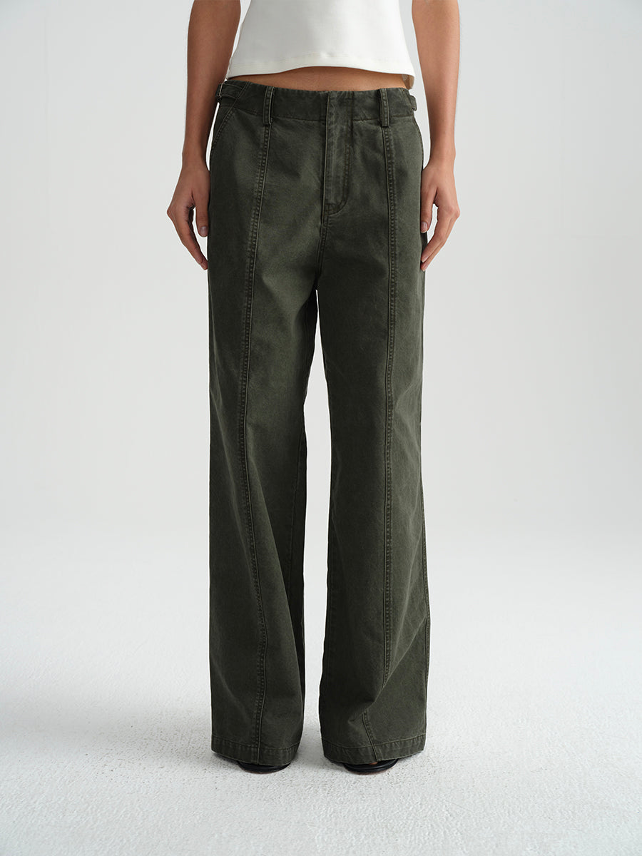 Hughum Army green cotton washed cargo casual low-rise straight trousers