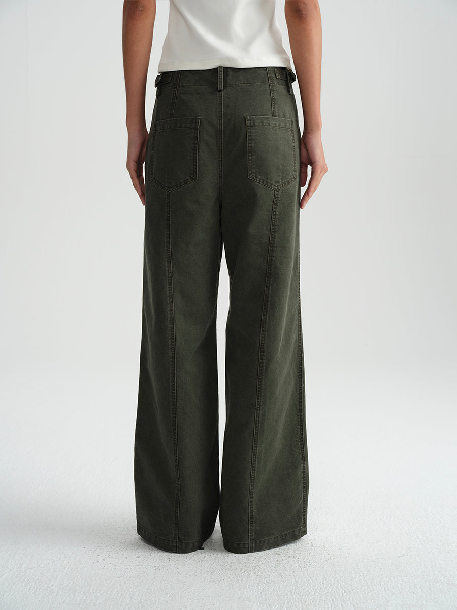 Hughum Army green cotton washed cargo casual low-rise straight trousers
