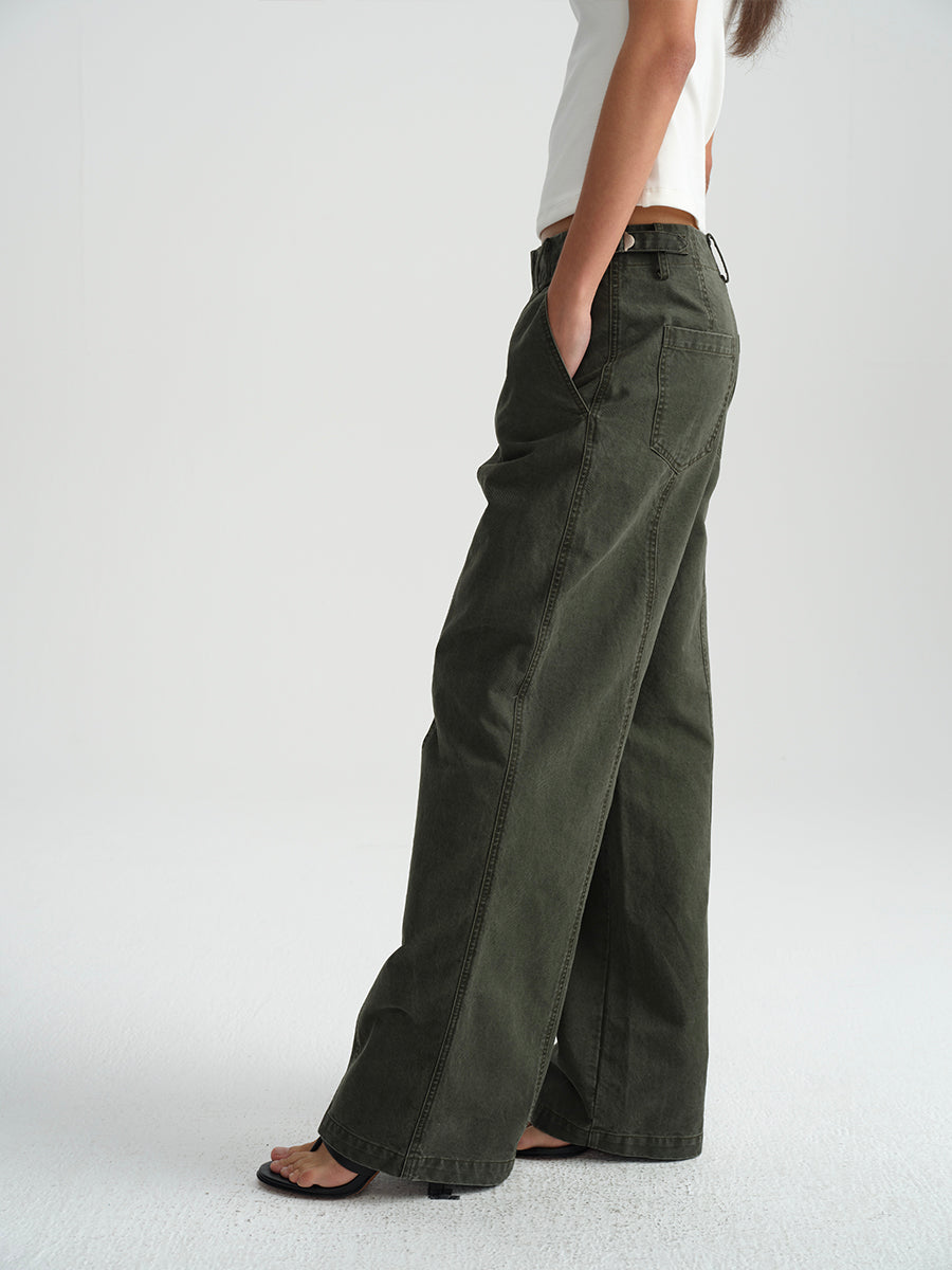 Hughum Army green cotton washed cargo casual low-rise straight trousers