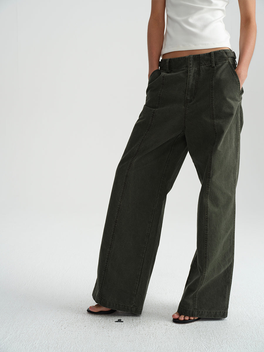 Hughum Army green cotton washed cargo casual low-rise straight trousers