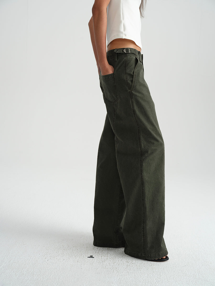 Hughum Army green cotton washed cargo casual low-rise straight trousers