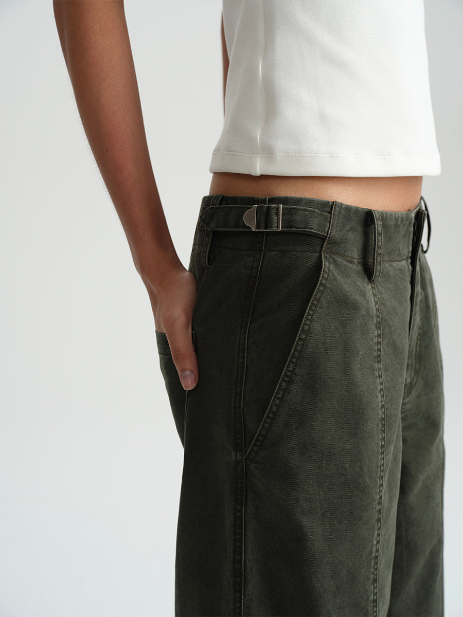 Hughum Army green cotton washed cargo casual low-rise straight trousers