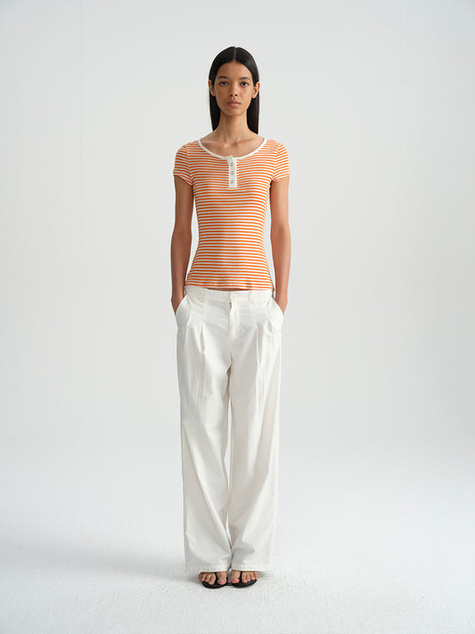 Hughum Orange navy blue sky silk knit crewneck waist T-shirt