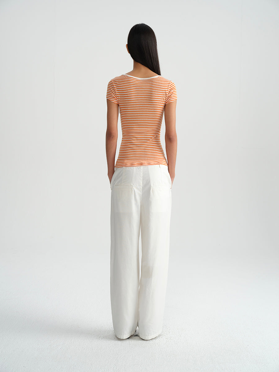 Hughum Orange navy blue sky silk knit crewneck waist T-shirt