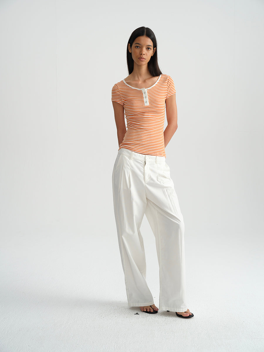 Hughum Orange navy blue sky silk knit crewneck waist T-shirt