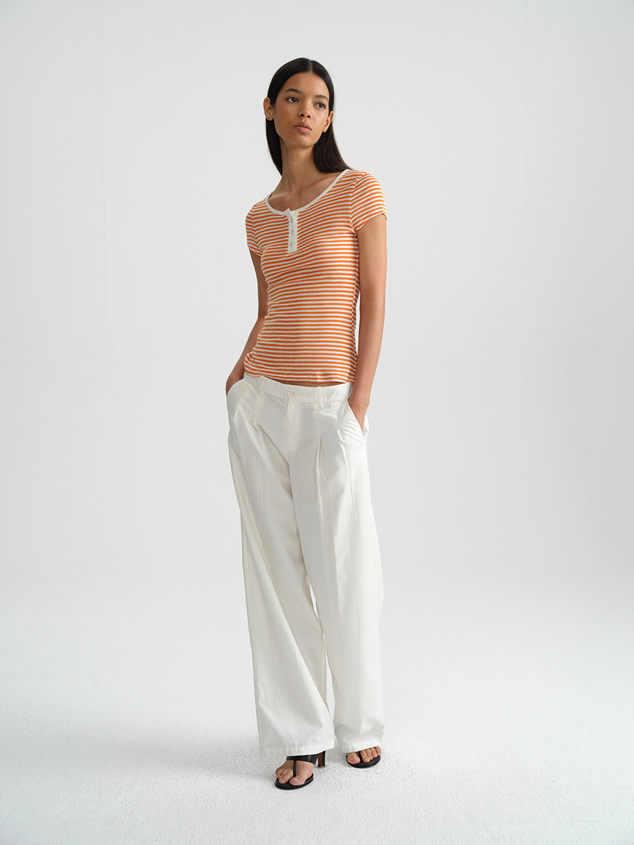 Hughum Orange navy blue sky silk knit crewneck waist T-shirt