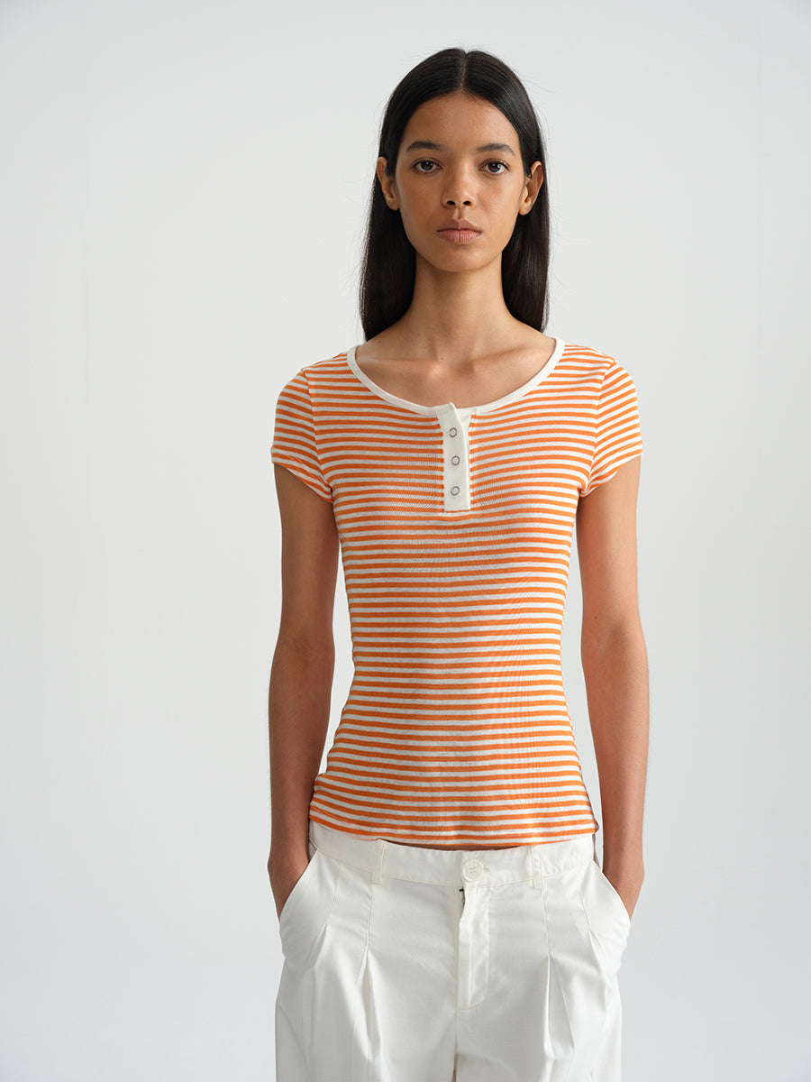 Hughum Orange navy blue sky silk knit crewneck waist T-shirt