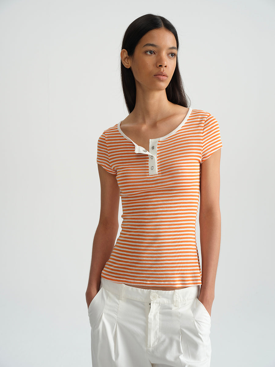 Hughum Orange navy blue sky silk knit crewneck waist T-shirt