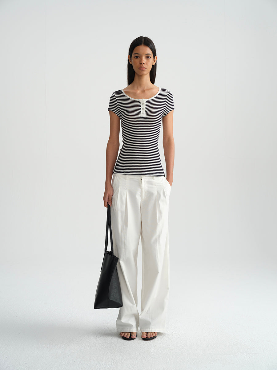 Hughum Orange navy blue sky silk knit crewneck waist T-shirt