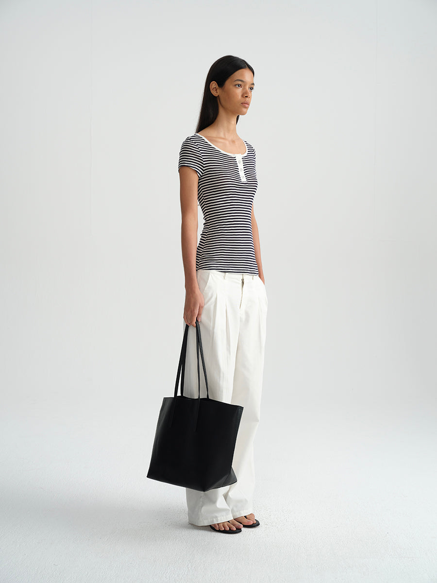 Hughum Orange navy blue sky silk knit crewneck waist T-shirt