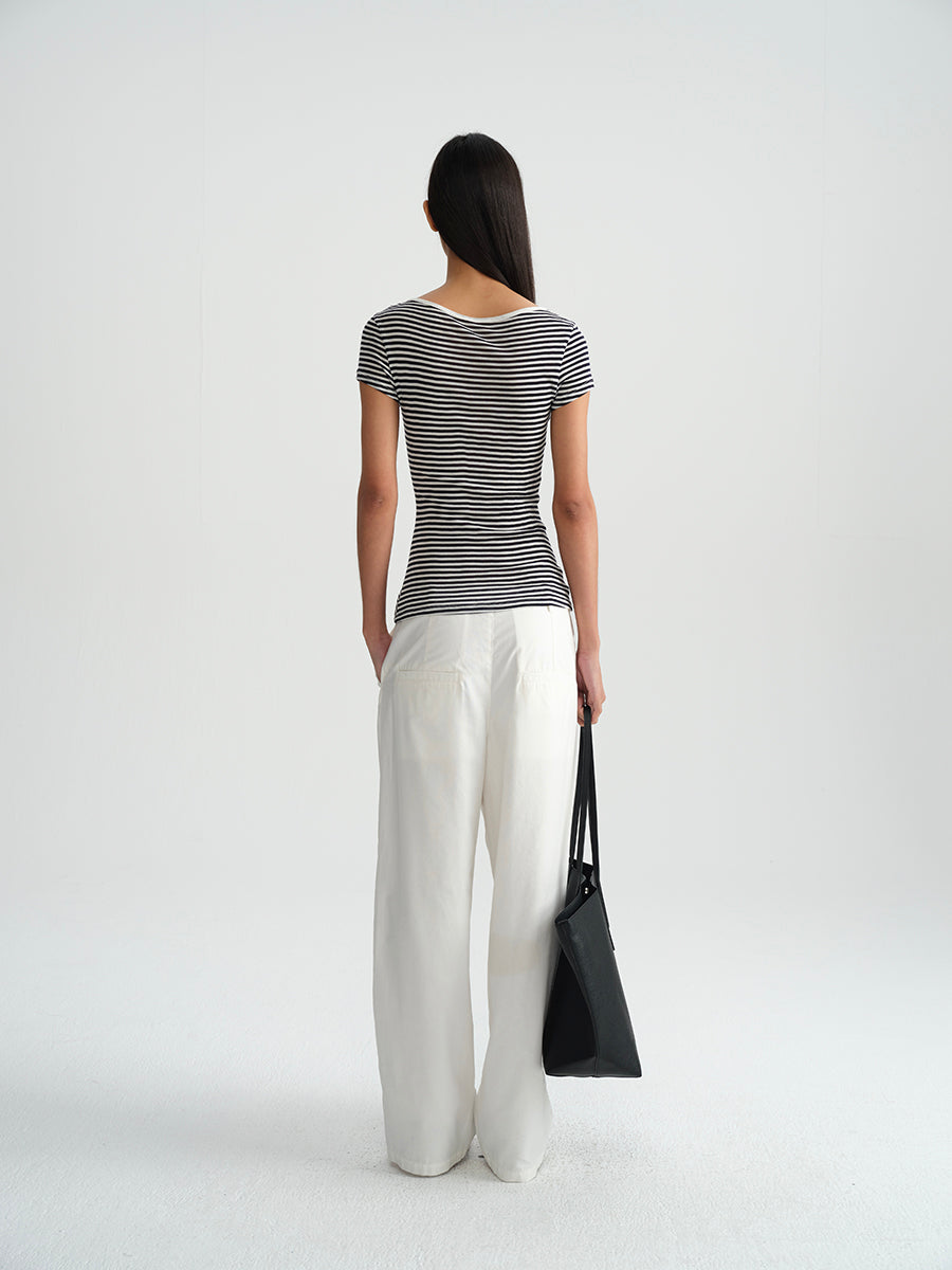 Hughum Orange navy blue sky silk knit crewneck waist T-shirt