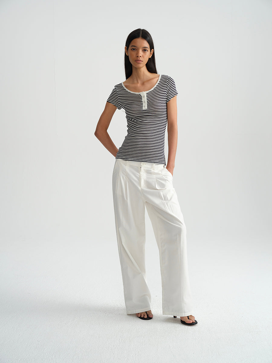 Hughum Orange navy blue sky silk knit crewneck waist T-shirt