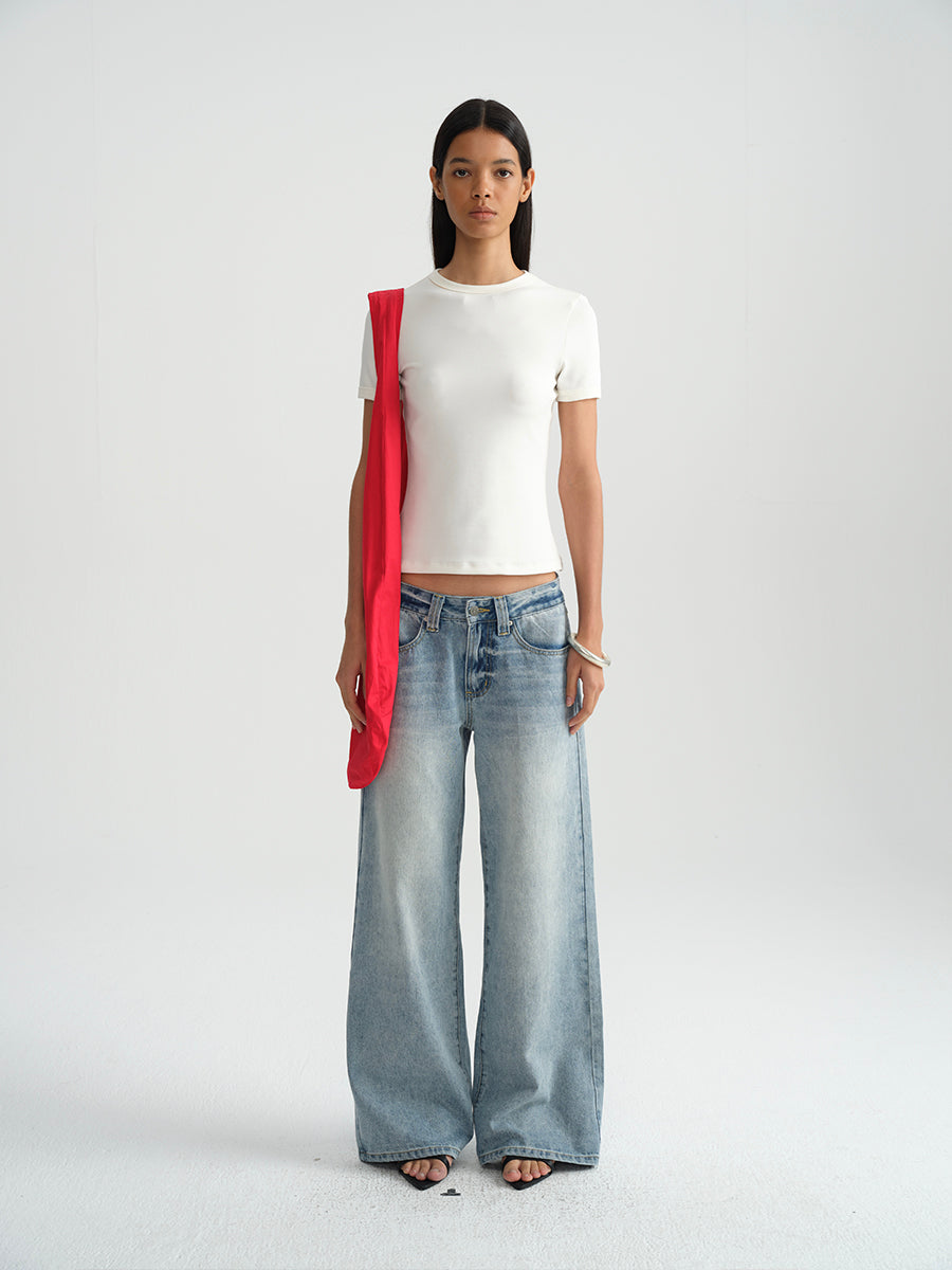 Hughum Shoulder-cinched, round-neck, slim-fit, cotton-like short-sleeved T-shirt