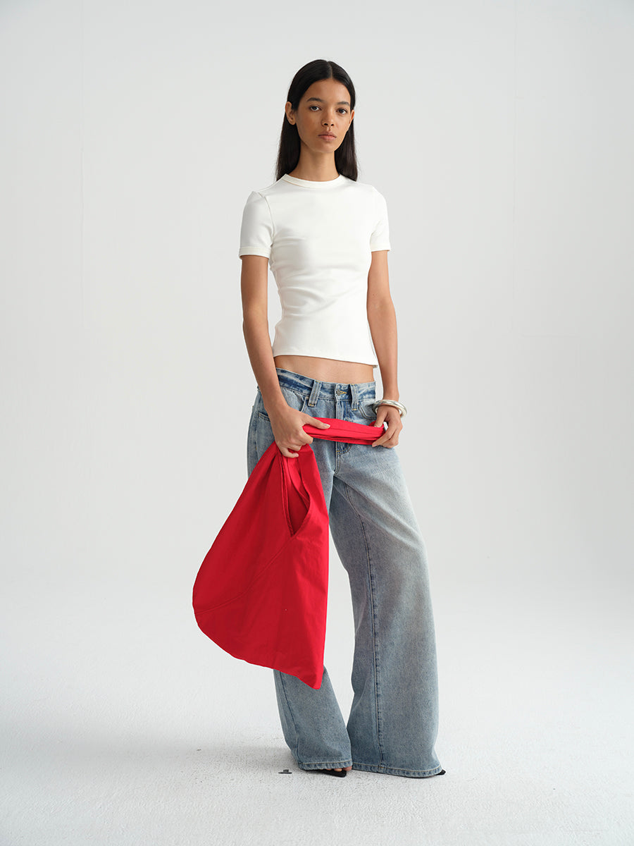 Hughum Shoulder-cinched, round-neck, slim-fit, cotton-like short-sleeved T-shirt