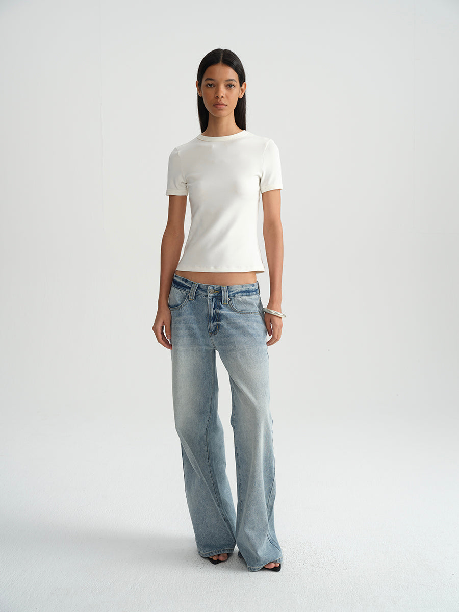 Hughum Shoulder-cinched, round-neck, slim-fit, cotton-like short-sleeved T-shirt