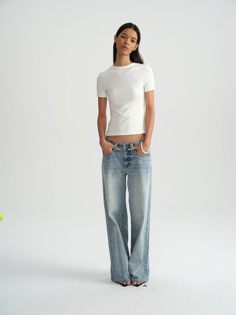 Hughum Shoulder-cinched, round-neck, slim-fit, cotton-like short-sleeved T-shirt