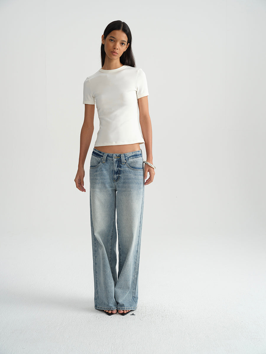 Hughum Shoulder-cinched, round-neck, slim-fit, cotton-like short-sleeved T-shirt