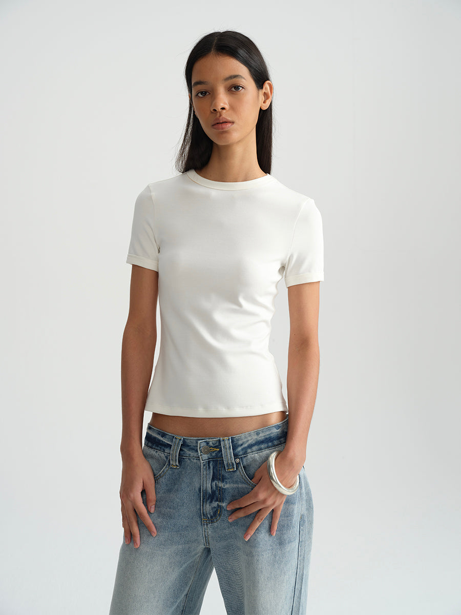 Hughum Shoulder-cinched, round-neck, slim-fit, cotton-like short-sleeved T-shirt