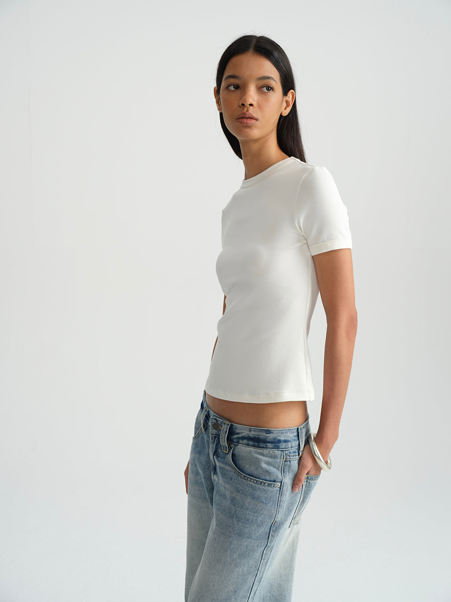 Hughum Shoulder-cinched, round-neck, slim-fit, cotton-like short-sleeved T-shirt