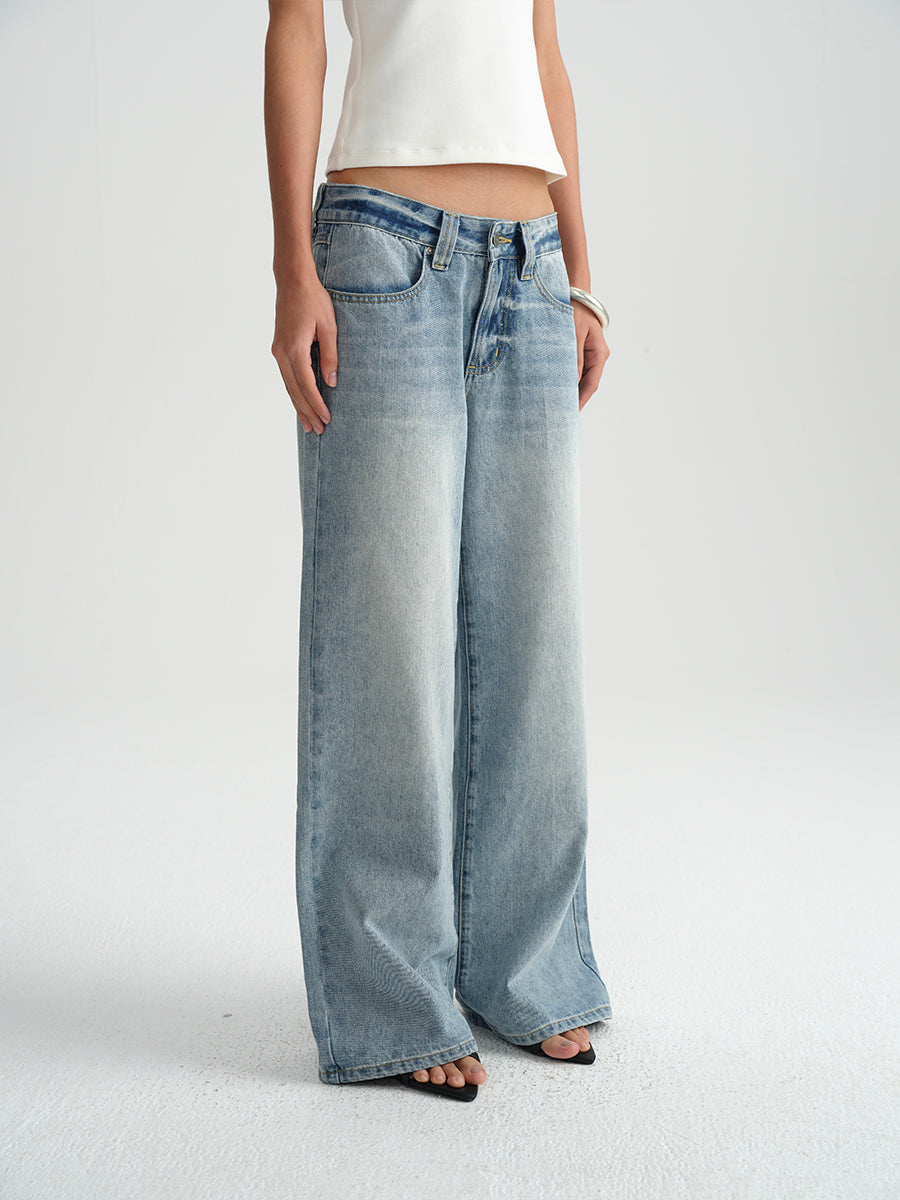 Hughum Washed white light blue straight-leg low-rise jeans