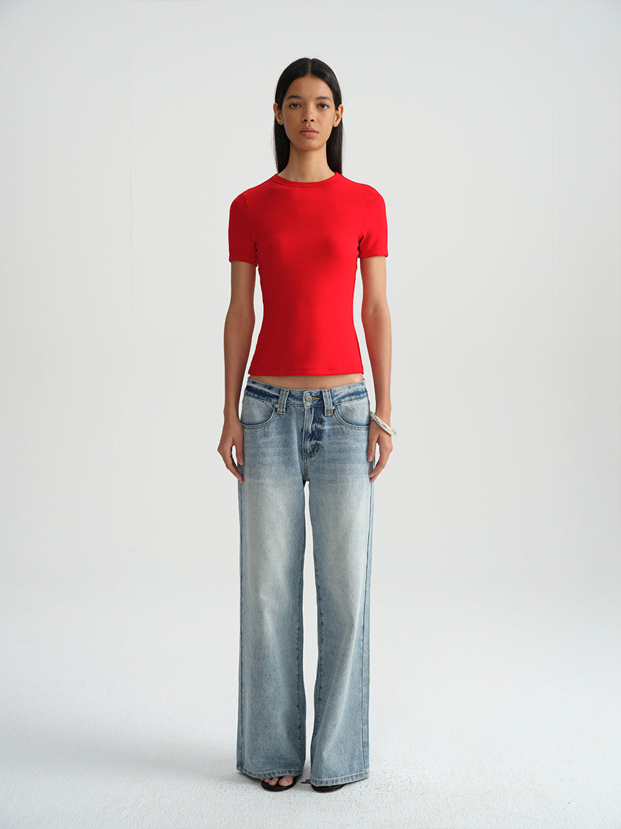 Hughum Shoulder-cinched, round-neck, slim-fit, cotton-like short-sleeved T-shirt