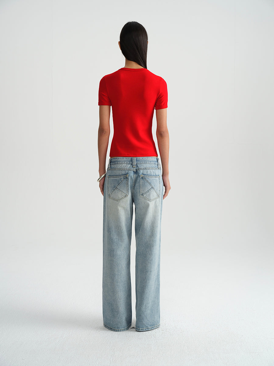 Hughum Shoulder-cinched, round-neck, slim-fit, cotton-like short-sleeved T-shirt