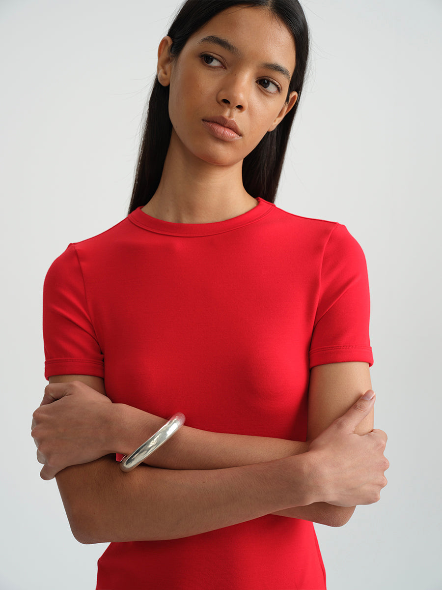 Hughum Shoulder-cinched, round-neck, slim-fit, cotton-like short-sleeved T-shirt