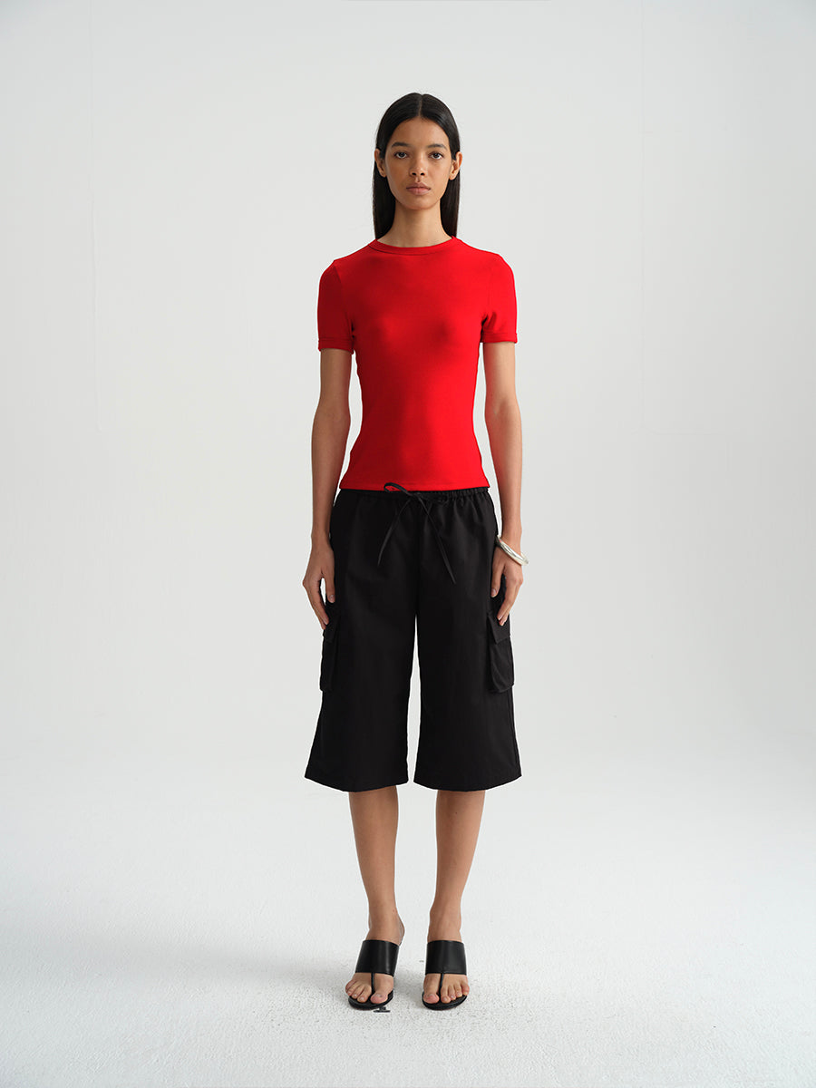 Hughum Shoulder-cinched, round-neck, slim-fit, cotton-like short-sleeved T-shirt