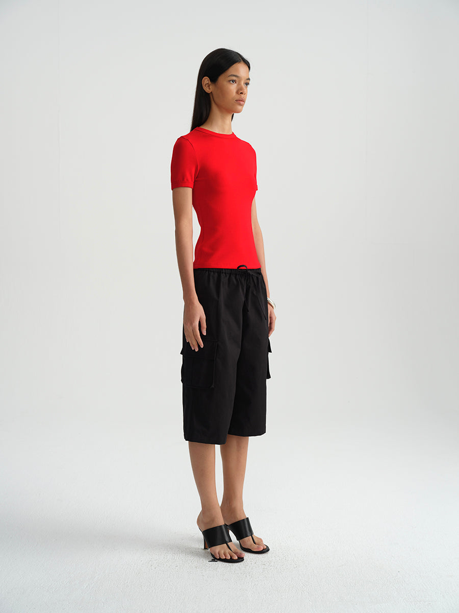 Hughum Shoulder-cinched, round-neck, slim-fit, cotton-like short-sleeved T-shirt