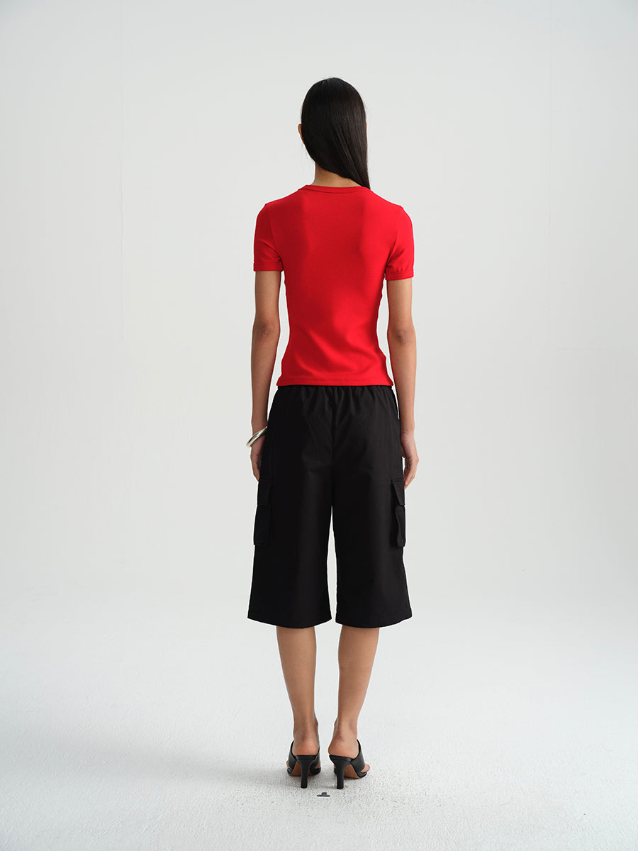 Hughum Shoulder-cinched, round-neck, slim-fit, cotton-like short-sleeved T-shirt