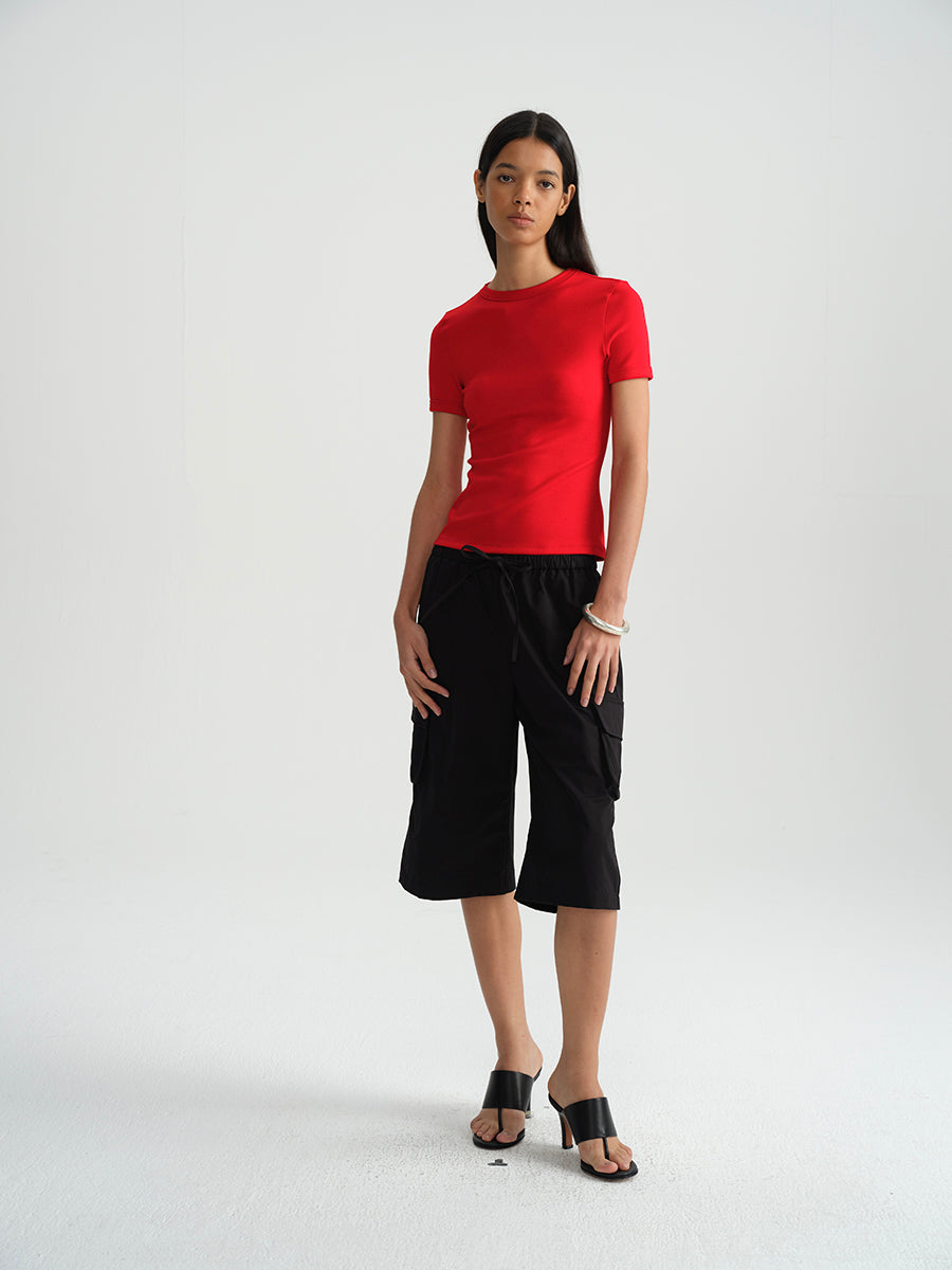 Hughum Shoulder-cinched, round-neck, slim-fit, cotton-like short-sleeved T-shirt