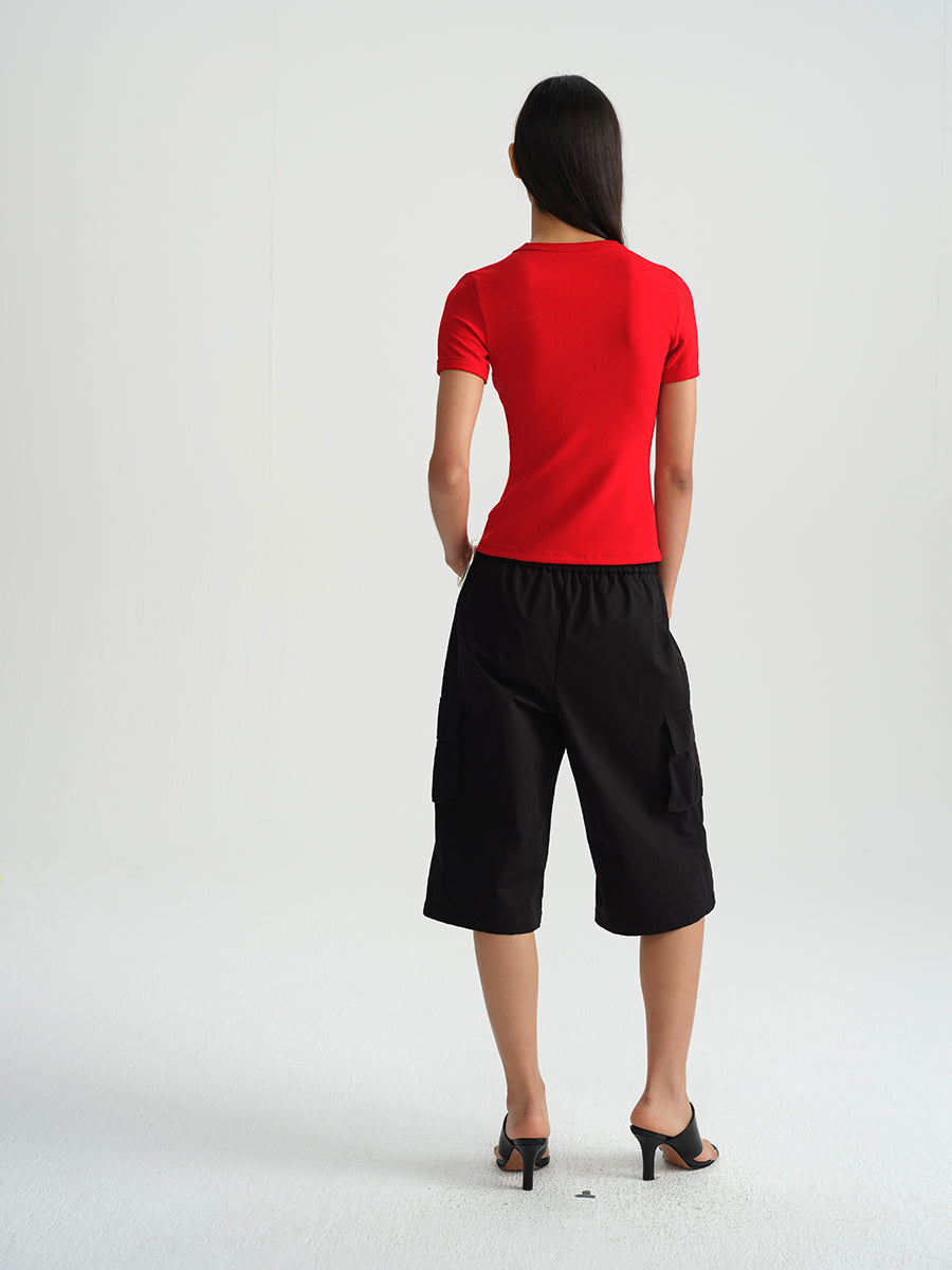 Hughum Shoulder-cinched, round-neck, slim-fit, cotton-like short-sleeved T-shirt