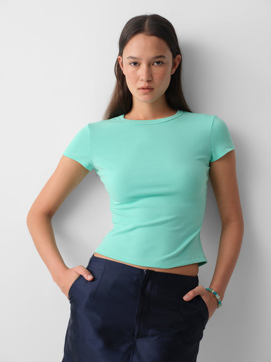 Hughum 26SS Solid Crew Neck Fitted Waist Knit Short Sleeve Top