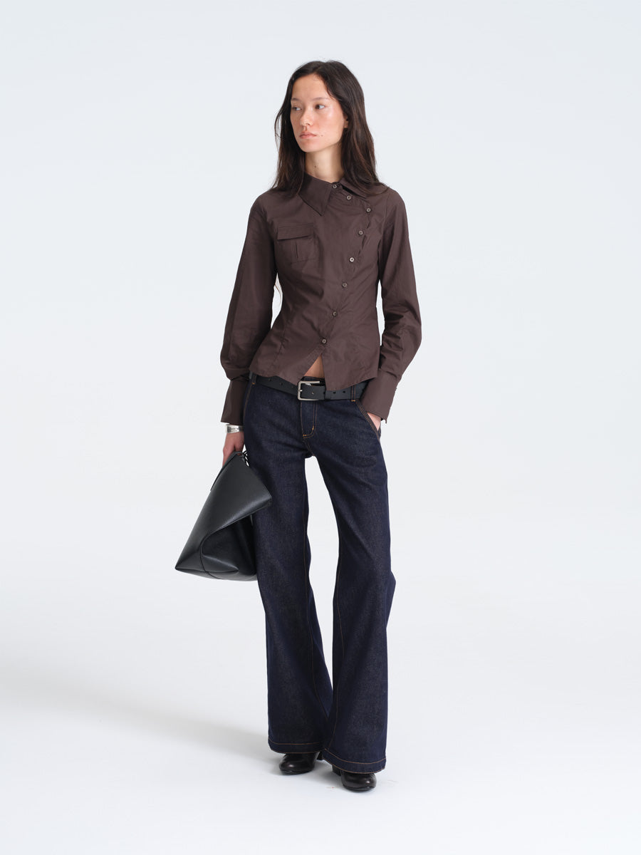 Hughum Café Brown Cotton Shirt with Asymmetric Placket and Waist Tie