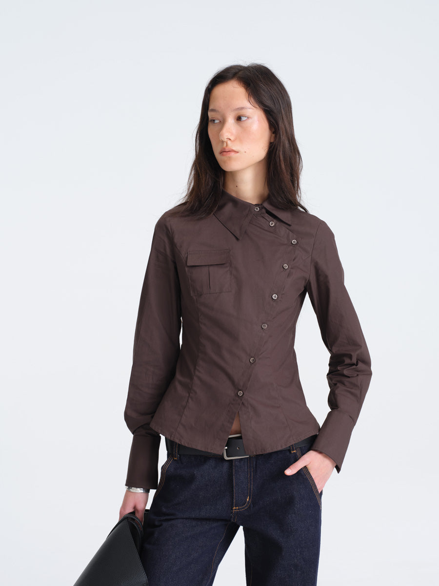 Hughum Café Brown Cotton Shirt with Asymmetric Placket and Waist Tie