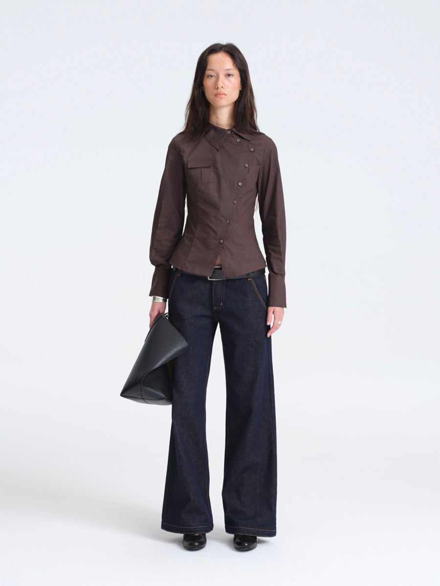 Hughum Café Brown Cotton Shirt with Asymmetric Placket and Waist Tie
