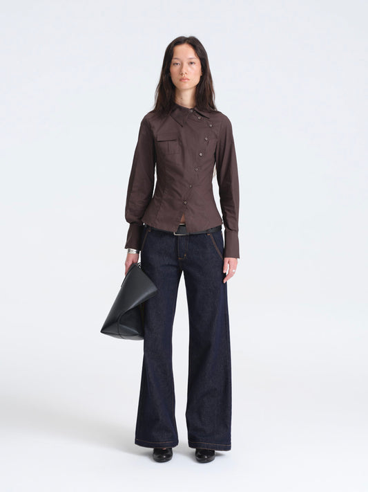 Hughum Café Brown Cotton Shirt with Asymmetric Placket and Waist Tie