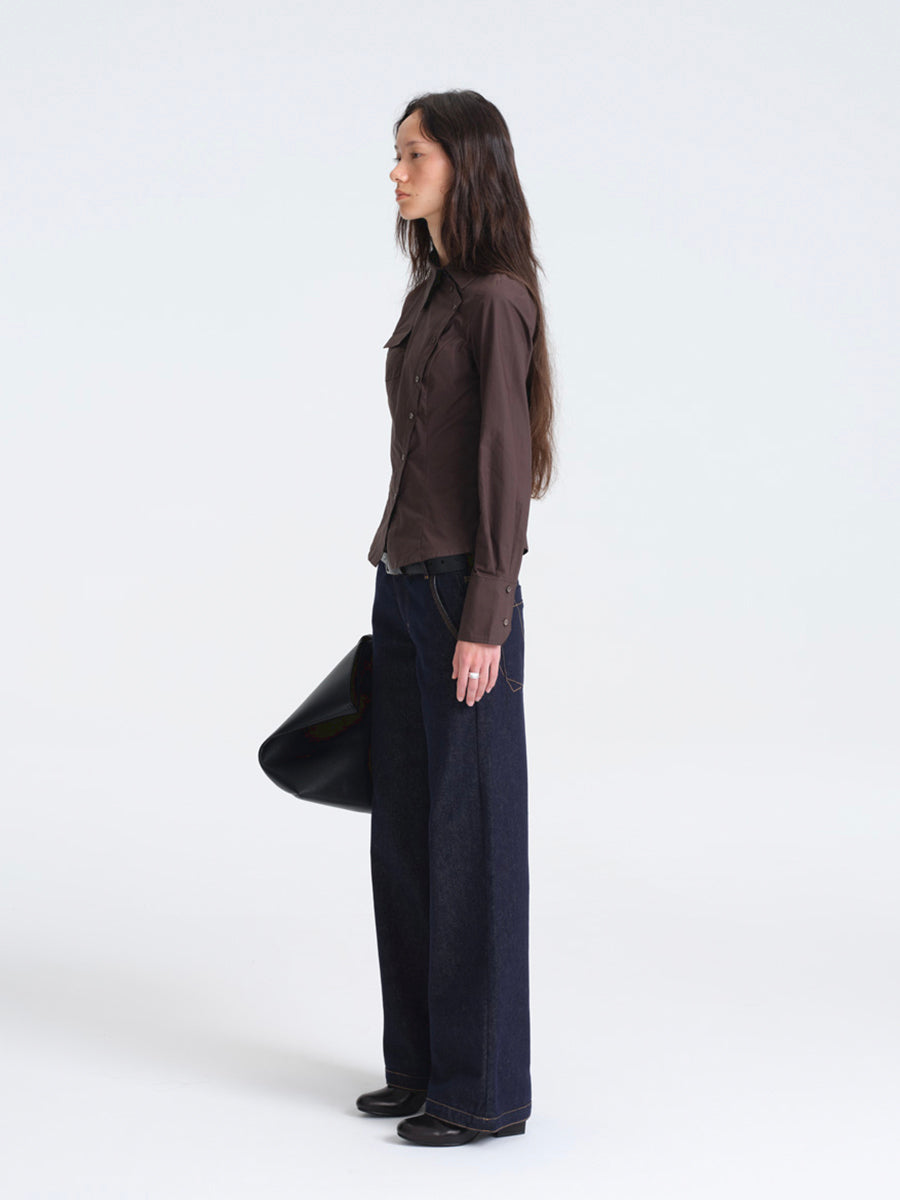 Hughum Café Brown Cotton Shirt with Asymmetric Placket and Waist Tie