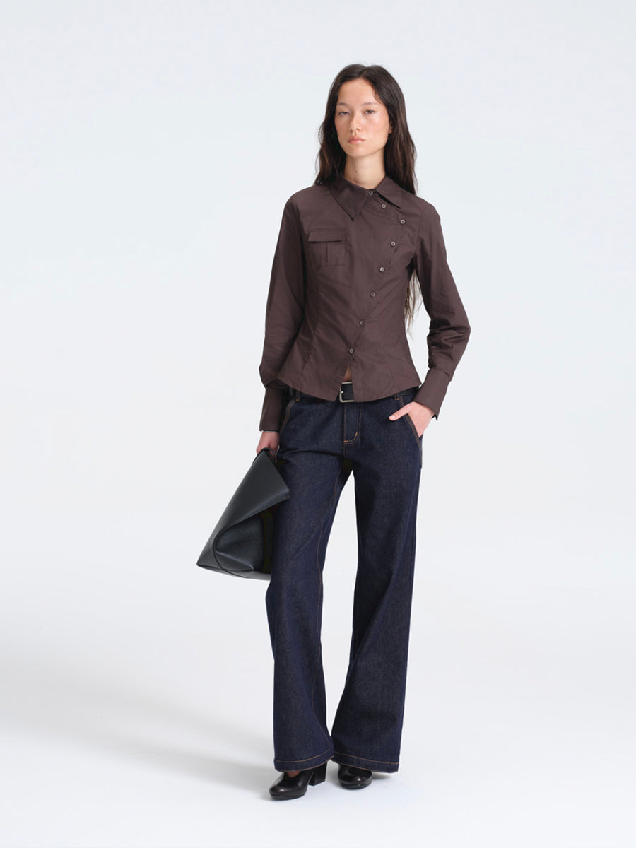 Hughum Café Brown Cotton Shirt with Asymmetric Placket and Waist Tie