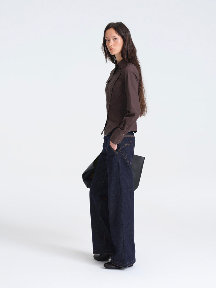 Hughum Café Brown Cotton Shirt with Asymmetric Placket and Waist Tie