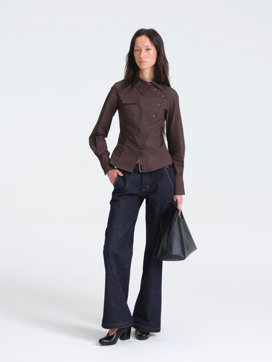 Hughum Café Brown Cotton Shirt with Asymmetric Placket and Waist Tie