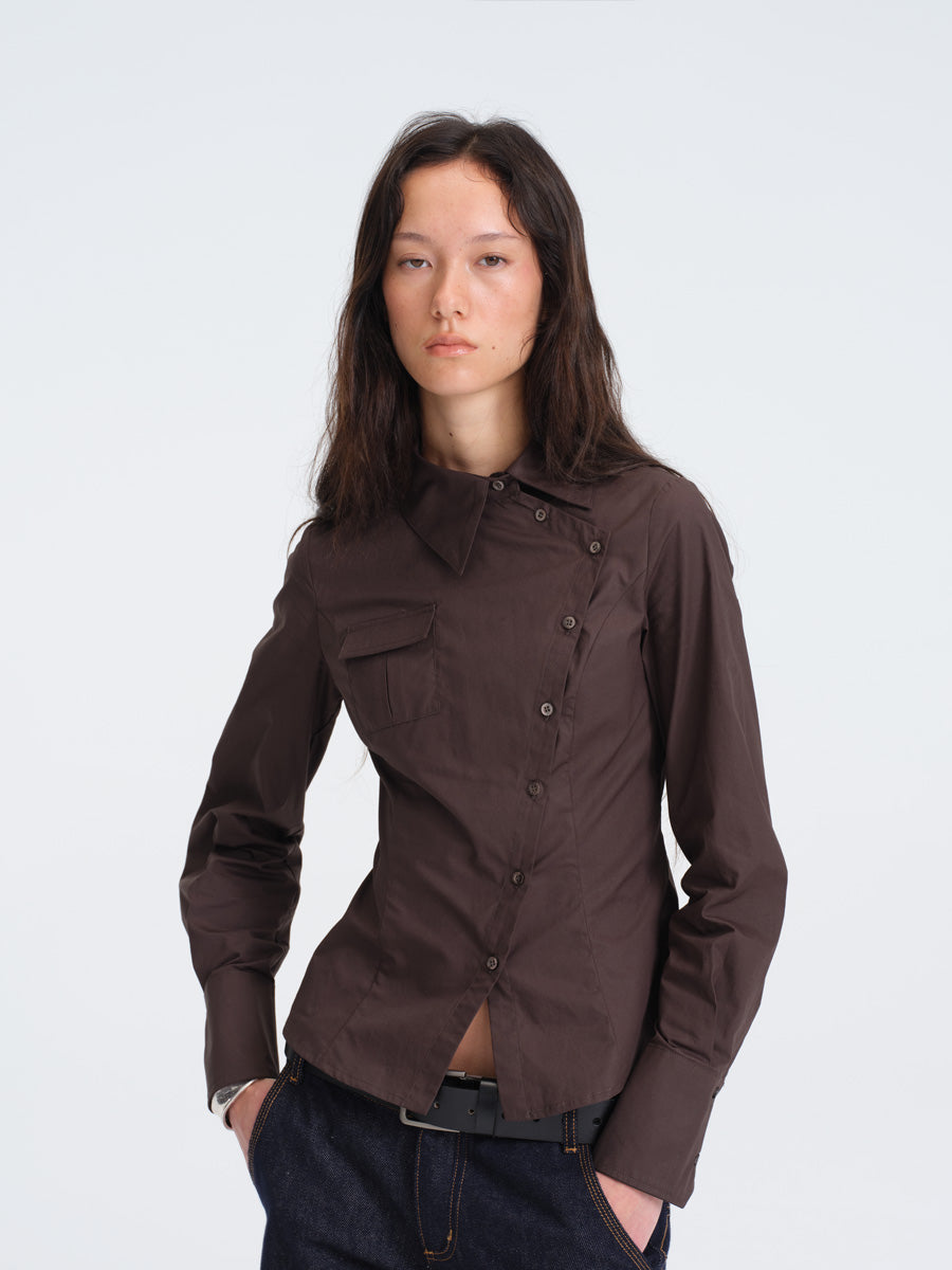 Hughum Café Brown Cotton Shirt with Asymmetric Placket and Waist Tie