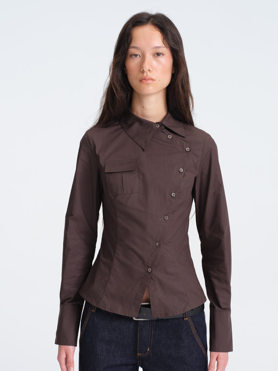 Hughum Café Brown Cotton Shirt with Asymmetric Placket and Waist Tie